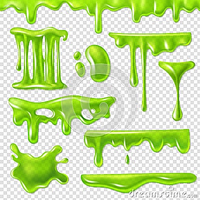 Realistic green slime. Slimy toxic blots, goo splashes and mucus smudges. Halloween liquid decoration borders 3d Vector Illustration