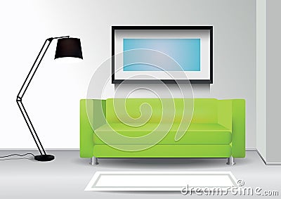 Realistic green sofa with floor lamp, carpet and photoframe on the wall. Interior vector illustration Vector Illustration