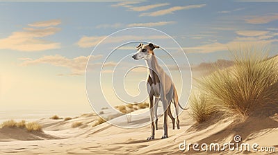 Realistic Greyhound Illustration On Sand Hill - Detailed Character Design Cartoon Illustration