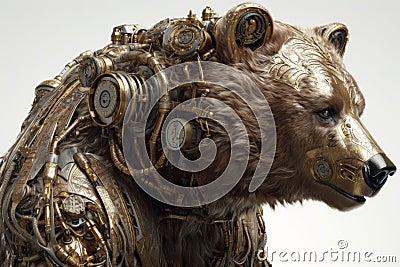 Realistic Grizzly Bear 3D with Robot Head: Highly Detailed Cinematic Rendering on White Rococo Background Stock Photo