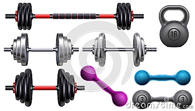 Realistic gym workout equipment, barbell, dumbbells and kettlebell. Fitness and sport training tools for weight lifting exercise Stock Photo