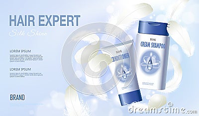Realistic hair shampoo conditioner. Tube container cosmetic light background blue sunny sky spring white feather. 3d Vector Illustration