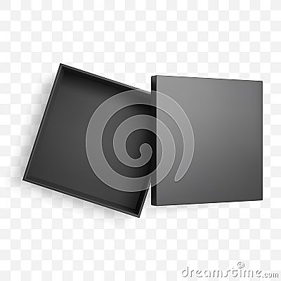 Realistic half open square black box and lid with shadow. Top view vector mockup. Vector Illustration