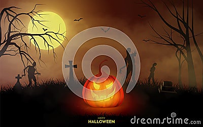 Realistic halloween pumpkin illustration with glowing moon ball at night and bats flying over cemetery and zombie. Background conc Vector Illustration