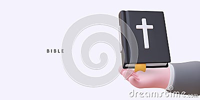 Realistic hand holding out Bible. Concept of missionary work, preaching word of God Vector Illustration
