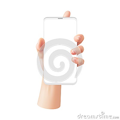 Realistic hand with phone. Woman holds smartphone with white blank screen, advertising on device template, gadget Vector Illustration