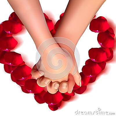 Realistic hands of lovers and rose petals top view on isolated white background.Love and friendship. 3d illustration for the day o Cartoon Illustration