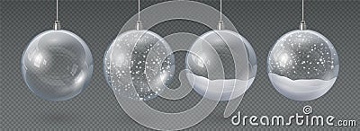 Realistic hanging glass christmas balls empty and with snow. 3d xmas tree decoration, transparent crystal sphere with Vector Illustration