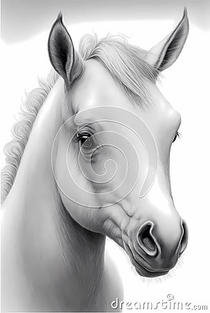 Realistic head of a white horse, isolated on white background. Digital illustration Cartoon Illustration