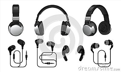 Realistic headphones. 3D wireless earphones and headset for listening music and gaming. Vector types of earbuds isolated Vector Illustration