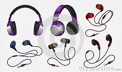 Realistic headset. Wireless gaming earphones with mic and and corded studio monitor headphones for music. Vector Vector Illustration