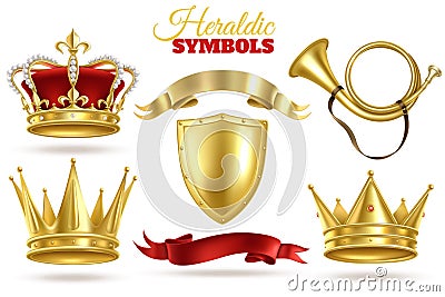 Realistic heraldic symbols. Golden crowns, king and queen gold diadem. Trumpet, shield and ribbons royal vintage vector Vector Illustration