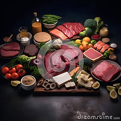 a realistic high quality photo of foods that are eaten in a carnivore-diet Stock Photo
