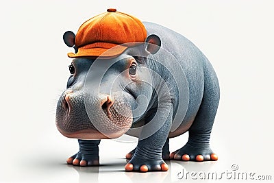 Realistic Hippopotamus isolated on a white background. A hippo in a cap. Generative AI illustration. Copying space. Cartoon Illustration