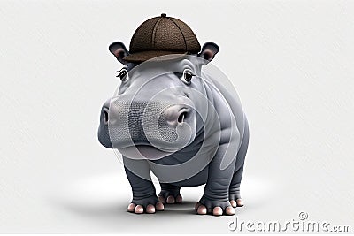 Realistic Hippopotamus isolated on a white background. A hippo in a cap. Generative AI illustration. Copying space. Cartoon Illustration