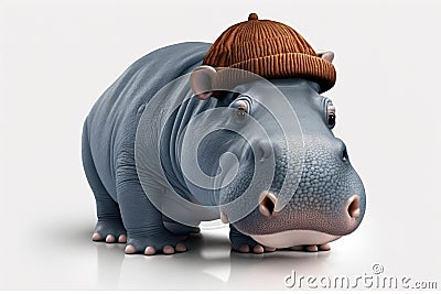 Realistic Hippopotamus isolated on a white background. A hippo in a cap. Generative AI illustration. Copying space. Cartoon Illustration