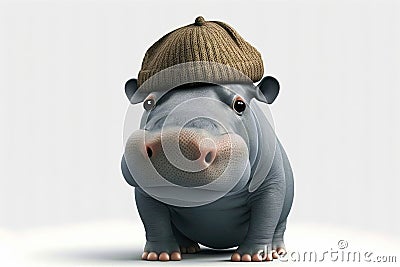 Realistic Hippopotamus isolated on a white background. A hippo in a cap. Generative AI illustration. Copying space. Cartoon Illustration