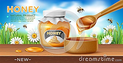 Realistic honey poster. Natural bee product, sweet floral syrup packed in glass jar, wooden spoon, healthy nutrition Vector Illustration