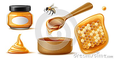 Realistic honey. Sweet healthy product, natural bio food, honeycomb, bee and jar with black label, wooden spoon Vector Illustration