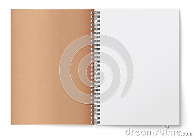 Realistic horizontal open realistic spiral notepad mockup. Brown cardboard texture cover Vector Illustration