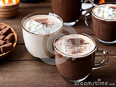 Realistic hot chocolate cozy restaurant warm lighting. Stock Photo