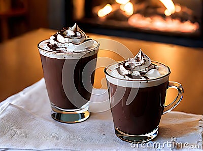 Realistic hot chocolate cozy restaurant warm lighting. Stock Photo
