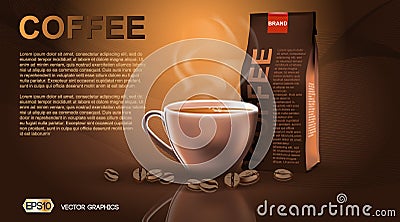 Realistic hot coffee cup and package Mockup template for branding, advertise product designs. Fresh steaming drink in a Vector Illustration