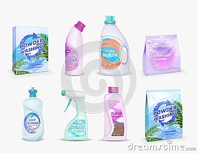 Realistic household cleaning product package with label design templates. Detergent powder in box, bleach in bottle Vector Illustration