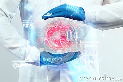 Realistic human eye hologram, doctor checks eyesight. Vision concept, laser eye surgery, catheract, ostegmatism, modern Stock Photo