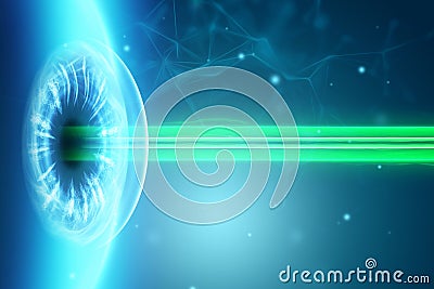 Realistic human eye hologram and medical laser beam. The concept of laser eye surgery, vision, catheract, ostegmatism, modern Cartoon Illustration