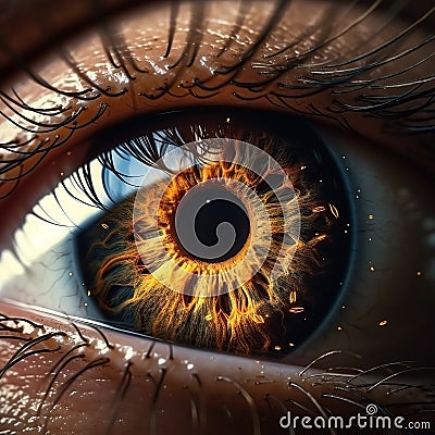 Realistic human eye with reflection of galaxy, golden iris. Stock Photo