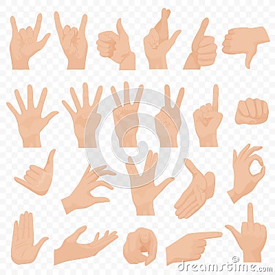 Realistic human hands icons and symbols set. Emoji hand icons. Different gestures, hands, signals and signs emotions Vector Illustration