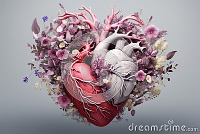 Realistic human heart with flowers. Valentine's Day greeting card. AI generated. Stock Photo