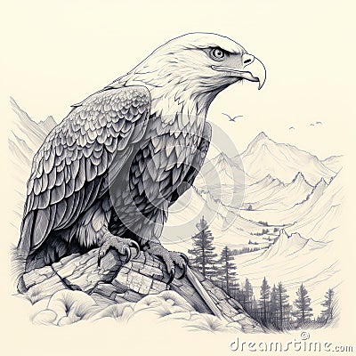 Realistic Hyper-detailed Eagle Sketch On Mountain Rock Stock Photo