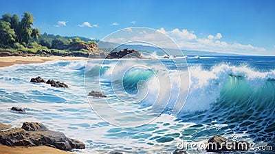 Realistic Hyper-detailed Painting Of Ocean Waves Crashing Onto Rocks Stock Photo