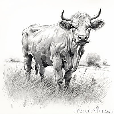 Realistic Hyper-detailed Rendering Of A Cow In A Field Cartoon Illustration