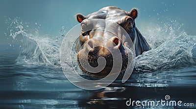 Realistic Hippopotamus Head On Water: Hyper-detailed Action Painting Cartoon Illustration