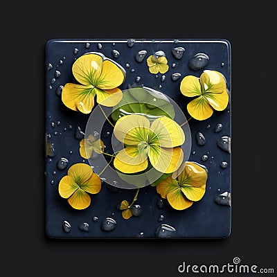 Realistic Hyper-detailed Rendering Of Yellow Flowers On Watered Tile Stock Photo