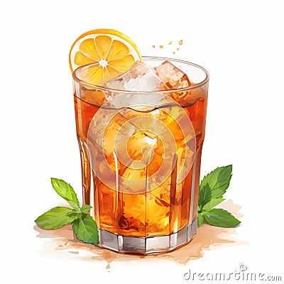 Realistic Ice Tea Cocktail Illustration In Detailed Oil Painting Style Cartoon Illustration