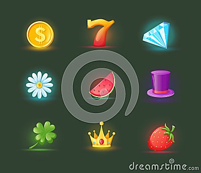 Realistic icons for casino slot machine. Game interface for gambling games lotteries casino machines. Bonus logos for gambling Vector Illustration