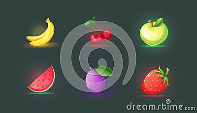 Realistic icons for casino slot machine. Game interface for gambling games lotteries casino machines. Fruit icons plum, bananas Vector Illustration