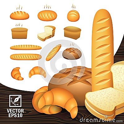 Realistic icons set bakery products from different angles bread, sliced bread, a loaf, a bagel Vector Illustration