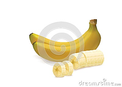 Realistic illustration of banana, whole and sliced peeled. Isolated on white background Vector Illustration