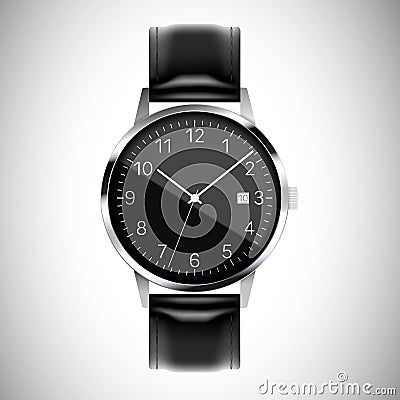 Realistic illustration of black metal wrist watches with reflections, white hands, numbers and date stamp. Isolated on white, Vector Illustration