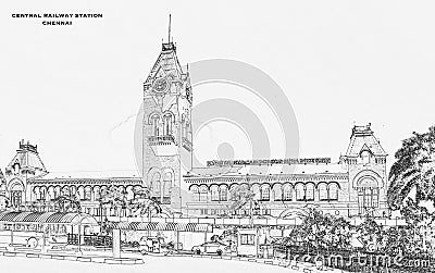 Realistic illustration of Chennai central railway station, tamil nadu , india madras Cartoon Illustration