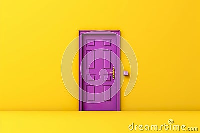 Realistic illustration of a closed purple door on a yellow wall. Home decor in yellow and purple. Cartoon Illustration