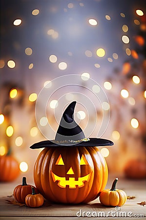 Adorable Cute Carved Pumpkin Halloween Witch Hat Autumn Background Cartoon Illustration