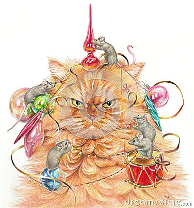 Realistic illustration drawn by colored pencils. Mice decorate a displeased cat with Christmas toys Cartoon Illustration