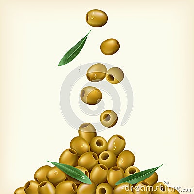 Realistic illustration of green olives, pitted with leaves. Vector illustration Vector Illustration