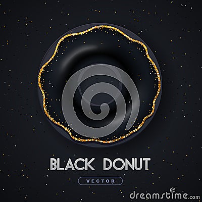 Realistic illustration of isolated black sweet donut with golden sugar sprinkle on black background. Vector Illustration